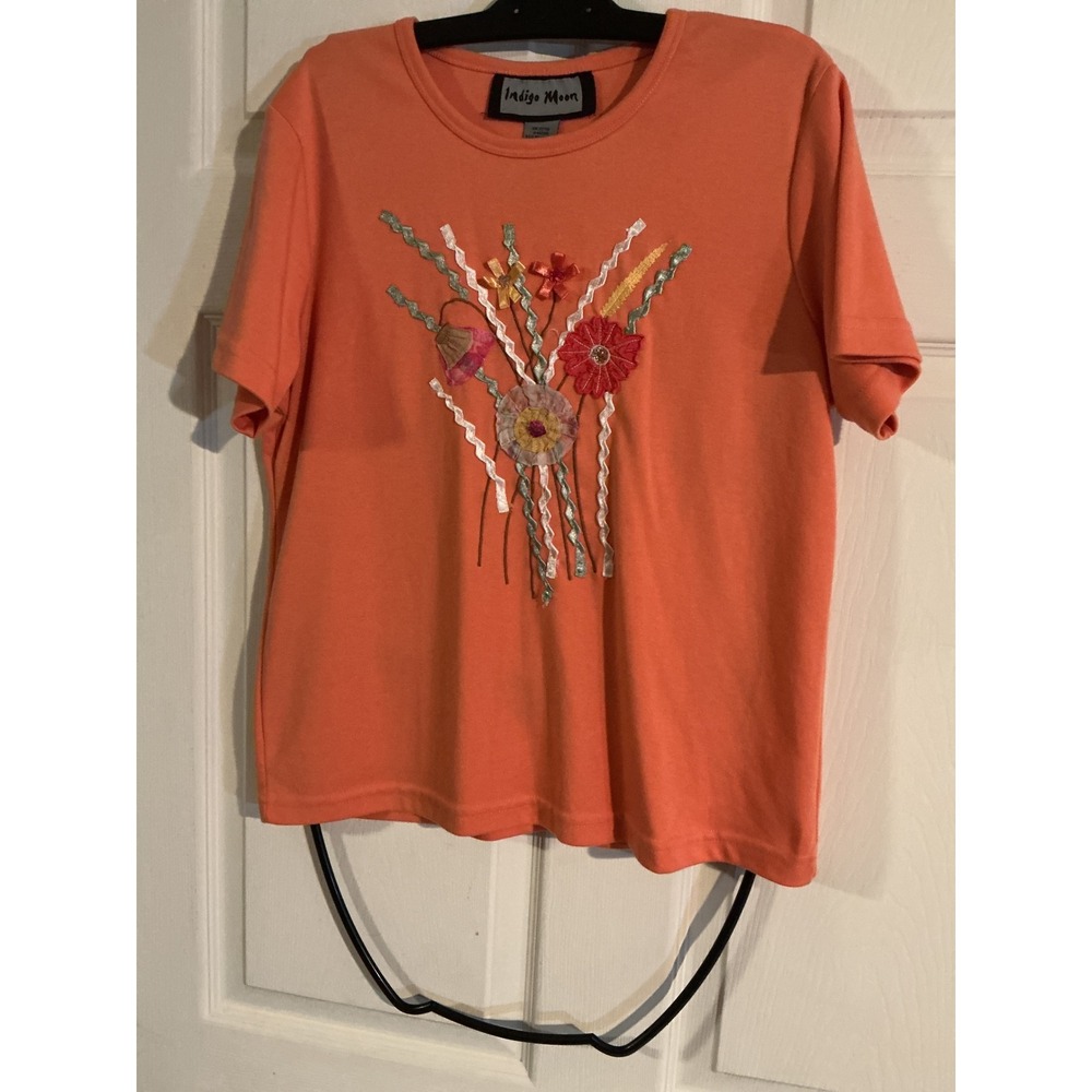 Indigo Moon Women Coral Orange 3D Floral Applique Ribbon T-Shirt Small